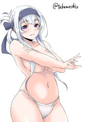 Rule 34 | 1girl, blue eyes, cowboy shot, folded ponytail, fundoshi, headband, highres, japanese clothes, kamoi (kancolle), kantai collection, long hair, looking at viewer, navel, panties, parted lips, sidelocks, simple background, smile, solo, takomeshi, topless, twitter username, underwear, white background, white hair, white panties