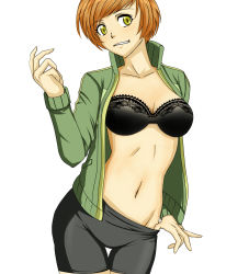 Rule 34 | 1girl, atlus, bike shorts, bra, breasts, brown hair, clothes pull, collarbone, dark persona, grin, groin, jacket, large breasts, lingerie, md5 mismatch, midriff, navel, open clothes, open jacket, pants, pants pull, persona, persona 4, presenting, resolution mismatch, satonaka chie, short hair, smile, solo, source smaller, stomach, suta furachina, tall, thigh gap, thighs, tomboy, underwear, undressing, yellow eyes