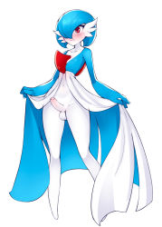 Rule 34 | 1boy, alternate color, averting eyes, blue hair, blue skin, blush, breasts, closed mouth, collarbone, colored skin, creatures (company), embarrassed, erection, full body, furry, furry male, game freak, gardevoir, gen 3 pokemon, hair over one eye, highres, lifted by self, looking to the side, male focus, multicolored skin, navel, nintendo, nose blush, penis, pokemon, pokemon (creature), red eyes, ricegnat, shiny pokemon, short hair, simple background, small breasts, solo, standing, testicles, trap, two-tone skin, uncensored, wavy mouth, white background, white skin