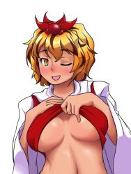Rule 34 | 1girl, blonde hair, blush, breasts, clothes lift, fang, hair ornament, highres, large breasts, long sleeves, looking at viewer, multicolored hair, one eye closed, shirt lift, short hair, simple background, solo, tan, toramaru shou, touhou, transparent background, two-tone hair, underboob, upper body, white background, wide sleeves, wink, yellow eyes, zhlink