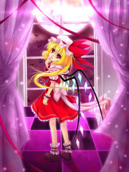 Rule 34 | 1girl, belt, blouse, blue eyes, cloudy.r, embodiment of scarlet devil, female focus, flandre scarlet, from side, hair between eyes, hat, head tilt, highres, mob cap, moon, purple background, red eyes, shirt, solo, touhou, white hat, white shirt, window, wings, zzz36951