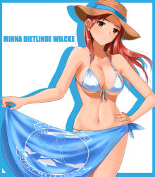 Rule 34 | 1girl, bikini, blush, breasts, female focus, groin, hat, highres, hiroshi (hunter-of-kct), large breasts, minna-dietlinde wilcke, navel, red eyes, red hair, simple background, solo, strike witches, swimsuit, white background, white bikini, world witches series