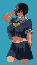 Rule 34 | 1girl, breasts, crop top, crop top overhang, cropped shirt, highres, kei (m k), large breasts, m k, midriff, navel, original, school uniform, short hair, solo, stomach, tall, tall female, tomboy