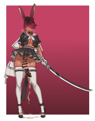 Rule 34 | 1futa, absurdres, animal ears, animal print, blush, breasts, briefcase, censored, cleavage, clothing aside, cum, dark-skinned female, dark skin, ebonyxh, final fantasy, final fantasy xiv, full body, futanari, gloves, groin, hair over one eye, hat, highres, holding, holding sword, holding weapon, katana, large breasts, large penis, leopard print, looking at viewer, mole, mole under mouth, panties, panties aside, penis, purple eyes, purple hair, rabbit ears, school uniform, serafuku, short hair, skirt, solo, sweat, sword, testicles, thighhighs, underwear, viera, weapon, white gloves, white thighhighs