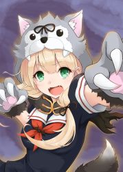 Rule 34 | 1girl, animal hands, animal hood, blonde hair, blush, breasts, dog hood, dog tail, eyelashes, fake tail, fangs, gloves, green eyes, hair ribbon, highres, hood, kantai collection, long hair, mmt uf, neckerchief, open mouth, outline, paw gloves, paw pose, purple background, red neckerchief, ribbon, sailor collar, school uniform, serafuku, short sleeves, simple background, solo, tail, upper body, yuudachi (kancolle)