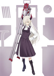 Rule 34 | 1girl, absurdres, black footwear, black skirt, black vest, bloom, boots, brooch, commentary request, cross-laced footwear, dress shirt, emma august, highres, holding ladder, horns, jewelry, kanmi21, knee boots, lace-up boots, ladder, long hair, long skirt, long sleeves, looking at viewer, nijisanji, open mouth, pointy ears, shirt, short hair, skirt, smile, solo, stepladder, vest, virtual youtuber, yellow eyes