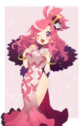 Rule 34 | 1girl, ;d, blush, bracelet, china dress, chinese clothes, crown, disgaea, disgaea rpg, dress, flower, hair flower, hair ornament, highres, jewelry, long hair, looking at viewer, makai senki disgaea 5, mini crown, official alternate costume, one eye closed, open mouth, pink background, pink dress, pink hair, pink theme, pointy ears, print dress, purple eyes, rose, seraphina (disgaea), smile, solo, sparkle, tenanagi (gourgeist8mb), thighs, white flower, white rose