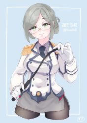 Rule 34 | 1girl, bad id, bad twitter id, black pantyhose, blue background, breasts, brown hair, buttons, collared shirt, cropped legs, dated, double-breasted, epaulettes, folded ponytail, glasses, gloves, green eyes, grey skirt, kantai collection, katori (kancolle), kumashiro (9mashi6), large breasts, looking at viewer, military, military uniform, one-hour drawing challenge, pantyhose, parted bangs, pencil skirt, pointer, riding crop, rimless eyewear, shirt, skirt, smile, solo, uniform, white gloves