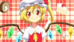 Rule 34 | &gt; &lt;, 1girl, :d, animated, animated gif, arms up, blonde hair, blush stickers, cake, candy, closed eyes, fang, female focus, flandre scarlet, flapping, food, fourth wall, happy, hat, kiss, lowres, mukai, o3o, open mouth, pocky, red eyes, short hair, side ponytail, smile, solo, touhou, white hat, xd