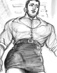 Rule 34 | 1boy, bara, beard stubble, buzz cut, chest hair, collared shirt, cowboy shot, crossdressing, facial hair, from below, golden kamuy, greyscale, highres, kasuke (li tgknk), large pectorals, looking to the side, male focus, mature male, monochrome, muscular, muscular male, pectoral cleavage, pectorals, shirt, short hair, sketch, skirt, smile, solo, stubble, tanigaki genjirou, thick eyebrows, translation request, travel attendant, very short hair