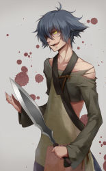 Rule 34 | 1boy, 3nami73, :d, blood, blood splatter, collarbone, fangs, grey background, grey hair, hair between eyes, hans humpty, holding, holding sword, holding weapon, long sleeves, male focus, open mouth, rokka no yuusha, simple background, smile, solo, standing, sword, weapon, yellow eyes