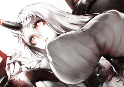 Rule 34 | 10s, 1girl, abyssal ship, bad id, bad pixiv id, breasts, claws, from below, horns, kantai collection, large breasts, long hair, pale skin, parted lips, red eyes, seaport princess, single horn, solo, teroru, white hair