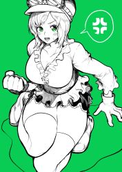 Rule 34 | 1girl, absurdres, anger vein, blush, breasts, cleavage, clenched hand, dress, frilled dress, frills, gloves, goggles, goggles on headwear, green background, green eyes, greyscale, greyscale with colored background, hat, highres, koala (one piece), large breasts, monochrome, one piece, short hair, solo, spoken anger vein, sweat, thick thighs, thighhighs, thighs, yotsumi shiro