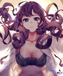 Rule 34 | 1girl, ahoge, artist name, backlighting, black bra, blue eyes, blurry, blurry foreground, bra, breasts, cleavage, collarbone, depth of field, drill hair, eyelashes, highres, ichinose shiki, idolmaster, idolmaster cinderella girls, infinote, lens flare, lingerie, lips, long hair, long sleeves, looking at viewer, medium breasts, navel, open clothes, open shirt, outstretched arms, parted lips, pov, purple hair, shirt, solo, stomach, underwear, upper body, very long hair, white shirt