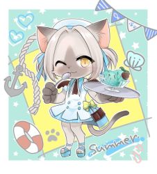 Rule 34 | artist request, cat, cat busters, food, furry, grey hair, holding, holding food, holding tray, ice cream, praline (cat busters), tray, yellow eyes