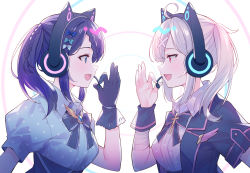 Rule 34 | 2girls, :d, ahoge, aiba uiha, animal ear headphones, animal ears, bandaged arm, bandages, black bow, black gloves, black jacket, black skirt, blue bow, blue eyes, blue shirt, bow, braid, breasts, cat ear headphones, collared shirt, commentary request, eye contact, fake animal ears, fang, from side, gloves, grey hair, hair bow, hair ornament, happy synthesizer (vocaloid), headphones, headset, high-waist skirt, highres, jacket, looking at another, medium breasts, meito (maze), mole, mole under eye, multiple girls, nijisanji, open clothes, open jacket, open mouth, polka dot, polka dot shirt, profile, purple hair, red eyes, shirt, short sleeves, skirt, smile, sukoya kana, twintails, upper body, virtual youtuber, vocaloid, white bow, white shirt, wrist cuffs, x hair ornament
