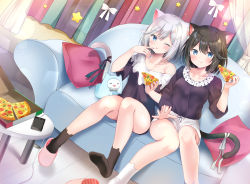 Rule 34 | 2girls, :3, :q, animal ear fluff, animal ear legwear, animal ears, black hair, black legwear, black shirt, blue eyes, blue hair, blue nails, breasts, cat ear legwear, cat ears, cat girl, cat tail, cellphone, closed mouth, collarbone, commentary request, couch, curtains, food, hair between eyes, highres, holding, holding food, indoors, long sleeves, looking at viewer, masayo (gin no ame), multicolored hair, multiple girls, nail polish, off shoulder, on couch, one eye closed, original, parted lips, phone, pillow, pink footwear, pizza, pizza slice, shirt, short shorts, short sleeves, shorts, silver hair, slippers, small breasts, smile, socks, soles, star (symbol), streaked hair, table, tail, tongue, tongue out, white legwear, white shorts, wooden floor