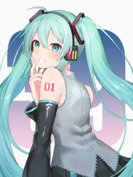 Rule 34 | 1girl, blue eyes, blue hair, blush, detached sleeves, from behind, grin, hair ornament, hand on own cheek, hand on own face, hatsune miku, headphones, highres, kirima (zs at ), long hair, long sleeves, looking at viewer, looking back, shirt, sleeveless, sleeveless shirt, smile, solo, twintails, very long hair, vocaloid