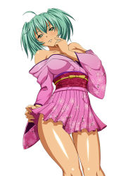 Rule 34 | 1girl, blush, breasts, curvy, dark skin, dark-skinned female, dress, female focus, green hair, ikkitousen, japanese clothes, kimono, large breasts, long hair, looking at viewer, ryofu housen, solo, tagme, twintails