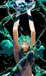 1girl aqua_hair bishoujo_senshi_sailor_moon black_background blue_bow blue_bowtie blue_eyes bow bowtie circlet gloves highres imamuu_(imamoon) kaiou_michiru looking_up magical_girl sailor_neptune sailor_senshi_uniform short_sleeves signature smile solo upper_body water