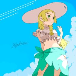 Rule 34 | 1girl, blonde hair, blunt bangs, blush, braid, breasts, closed mouth, cloud, creatures (company), day, eyelashes, frills, from below, frown, game freak, green eyes, green sarong, hand up, hat, highres, hiyokko2min, knees, lillie (pokemon), long hair, medium breasts, midriff, navel, nintendo, outdoors, pokemon, pokemon sm, sarong, signature, sky, solo, standing, sun hat, twin braids