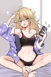 Rule 34 | 1girl, :o, alternate costume, arm up, armpits, bad id, bad twitter id, bare shoulders, barefoot, black panties, black shirt, blonde hair, blouse, breasts, camisole, cleavage, contemporary, crop top, holding, hyurasan, indian style, kirisame marisa, long hair, looking at viewer, medium breasts, messy hair, midriff, navel, off shoulder, open clothes, open mouth, open shirt, pajamas, panties, phone, purple shirt, shirt, sitting, sketch, sleeveless, sleeveless shirt, solo, stomach, strap slip, tears, thighs, touhou, underwear, waking up, yellow eyes
