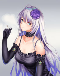 Rule 34 | 1girl, ahoge, aqua eyes, bad id, bad pixiv id, bare shoulders, black choker, black dress, black gloves, breasts, choker, cigarette, cleavage, cup6542, dress, elbow gloves, flower, frilled choker, frilled dress, frilled gloves, frills, gem, gloves, hair flower, hair ornament, hand up, head tilt, highres, holding, holding cigarette, leaning forward, long hair, looking to the side, medium breasts, original, parted lips, sidelocks, silver hair, simple background, smoke, smoking, solo, spaghetti strap, teeth, upper body, very long hair