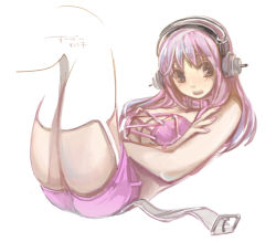Rule 34 | 1girl, alternate color, bad id, bad pixiv id, blush, breasts, cleavage, headphones, large breasts, long hair, looking at viewer, massurutadano, navel, nitroplus, no bra, open mouth, pink eyes, pink hair, solo, super sonico, thighhighs