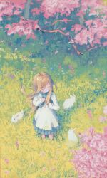 Rule 34 | 1girl, absurdres, animal, blonde hair, branch, closed eyes, flower, from above, hand on own chest, highres, long hair, long sleeves, on grass, original, pink flower, rabbit, saisho (qpoujr), scenery, standing, tree