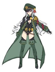 Rule 34 | 1girl, aged up, belt, black gloves, black thighhighs, boots, breasts, cleavage, coat, commentary, epaulettes, fate/grand order, fate (series), full body, gloves, gluteal fold, green footwear, green thighhighs, groin, hat, helena blavatsky (fate), lingerie, long hair, looking at viewer, matsuryuu, military hat, peaked cap, purple eyes, simple background, smile, solo, thigh boots, thighhighs, underwear, white background, white hair