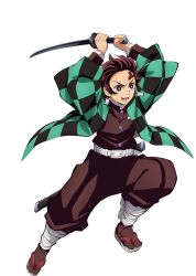Rule 34 | 1boy, brown hair, brown jacket, brown pants, chibi, closed mouth, eating, fighting stance, full body, highres, jacket, kamado tanjirou, katana, kimetsu no yaiba, kimetsu no yaiba hinokami keppuutan, light frown, long sleeves, looking at viewer, male focus, official art, open clothes, pants, puffy pants, ready to draw, red eyes, scar, scar on face, scar on forehead, sheath, sheathed, simple background, solo, standing, sword, v-shaped eyebrows, weapon, white background, wide sleeves