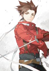 Rule 34 | 1boy, belt, black pants, brown eyes, brown hair, closed mouth, commentary request, fighting stance, glint, gloves, highres, holding, holding sword, holding weapon, jacket, lloyd irving, long sleeves, looking at viewer, male focus, multiple belts, pants, red gloves, red jacket, short hair, solo, spiked hair, suspenders, sword, tales of (series), tales of symphonia, upper body, weapon, xing 20