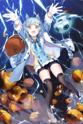 Rule 34 | 1girl, :d, arms up, ball, bike shorts, black thighhighs, blue bow, blue hair, blue jacket, bow, chestnut, emyo, gloves, hair ornament, hairclip, jacket, lightning, medium hair, official art, open mouth, ramsay (soccer spirits), shoes, skirt, smile, sneakers, soccer ball, soccer spirits, solo, squirrel tail, standing, tail, thighhighs, third-party source, white gloves