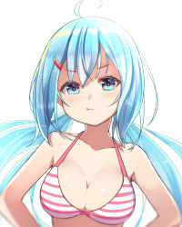 Rule 34 | 1girl, bare shoulders, bikini, blue eyes, blue hair, blush, breasts, cleavage, hair ornament, hairclip, hands on own hips, highres, long hair, looking at viewer, matching hair/eyes, ninnzinn, original, pout, simple background, solo, strap gap, swimsuit, twintails, white background