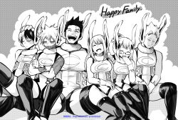 Rule 34 | 2girls, 4boys, ^ ^, animal ears, bare shoulders, blue eyes, blush, boku no hero academia, breasts, chinese zodiac, closed eyes, cosplay, covered abs, dabi (boku no hero academia), endeavor (boku no hero academia), facial hair, family, gloves, greyscale, happy, highleg, highleg leotard, highres, large pectorals, laughing, leotard, mature male, medium breasts, mirko, mirko (cosplay), monochrome, multiple boys, multiple girls, muscular, muscular male, nstime23, pectorals, rabbit ears, red hair, scar, scar across eye, short hair, sideburns, simple background, smile, spiked hair, stubble, thick thighs, thighhighs, thighs, todoroki fuyumi, todoroki natsuo, todoroki rei, todoroki shouto, todoroki touya, white gloves, year of the rabbit