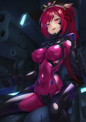 Rule 34 | 1girl, armored bodysuit, black bodysuit, blush, bodysuit, bow, breasts, cockpit, controller, cosplay, covered navel, covered nipples, fortified suit, hair bow, half-closed eyes, hat, headgear, highres, impossible bodysuit, impossible clothes, joystick, kagami sumika, kagami sumika (cosplay), kurione (zassou), large breasts, long hair, muv-luv, muv-luv alternative, original, parted lips, pink bodysuit, ponytail, red eyes, red hair, shiny clothes, sitting, solo, two-tone bodysuit
