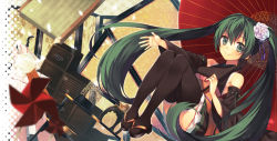 Rule 34 | 1girl, bare shoulders, black thighhighs, detached sleeves, flower, green eyes, green hair, hair flower, hair ornament, hatsune miku, japanese clothes, long hair, looking at viewer, matching hair/eyes, midorikawa you, oil-paper umbrella, petals, pinwheel, shoes, sitting, skirt, smile, solo, thighhighs, twintails, umbrella, very long hair, vocaloid