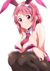 Rule 34 | 1girl, absurdres, animal ears, breasts, fake animal ears, fishnets, highres, island (kossori), large breasts, leotard, lisbeth (sao), looking at viewer, pink eyes, pink hair, playboy bunny, smile, solo, squatting, sword art online