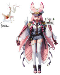 Rule 34 | 1girl, absurdres, belt, black necktie, collared shirt, cuffs, gloves, handcuffs, hat, highres, index finger raised, long hair, long sleeves, looking at viewer, necktie, open mouth, orchid mantis, original, personification, pink hair, purple eyes, rinotuna, shirt, shorts, simple background, solo, thighhighs, very long hair, white background, white gloves, white shirt, white shorts, white thighhighs, wide sleeves