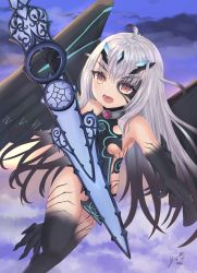Rule 34 | 1girl, bare shoulders, blue sky, body markings, breasts, brown eyes, collar, dragon wings, melusine (fate), melusine (third ascension) (fate), fate/grand order, fate (series), flying, forked eyebrows, highres, horns, long hair, looking at viewer, metal collar, open mouth, panties, revealing clothes, sideboob, sidelocks, sky, small breasts, solo, tail, thighs, underwear, weapon, white hair, wings, yumio (yumio suzu)