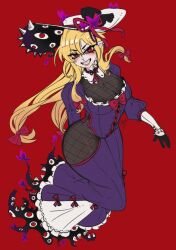 Rule 34 | 1girl, adapted costume, black gloves, blonde hair, bow, breasts, bug, butterfly, cleavage, commentary, commentray, dress, english commentary, full body, gloves, hair bow, highres, insect, large breasts, long hair, looking at viewer, purple dress, red background, red bow, red eyes, rinnytanart, simple background, solo, touhou, white hair, yakumo yukari