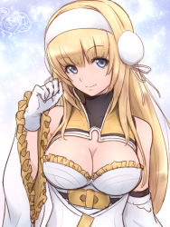 Rule 34 | 1girl, blonde hair, blue eyes, breasts, cleavage, closed mouth, detached sleeves, evelysse (star ocean), frills, gloves, hairband, kiikii (kitsukedokoro), large breasts, long hair, looking at viewer, multicolored eyes, pink eyes, smile, solo, solo focus, star ocean, star ocean anamnesis, upper body, white gloves, white hairband