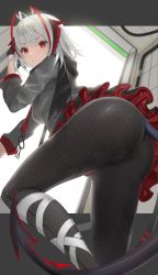 Rule 34 | 1girl, arknights, arm up, ass, ass focus, backlighting, black pantyhose, breasts, commentary, from behind, grey jacket, grey shirt, highres, horns, indoors, jacket, light blush, looking at viewer, medium breasts, medium hair, nanam (nanam sk), pantyhose, red eyes, red skirt, shirt, skirt, solo, standing, standing on one leg, tail, thighs, tile wall, tiles, w (arknights), white hair, zipper