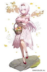 1girl alternate_costume amagasa_yun ankle_lace-up arms_across_body basket choker commentary_request company_name copyright_notice cross-laced_footwear diorama dress elbow_gloves falling_leaves flower_basket frilled_choker frilled_dress frills gloves hairband halterneck high_heels holding holding_basket jewelry leaf long_hair looking_at_viewer low_ponytail medium_dress necklace nijisanji off-shoulder_dress off_shoulder official_art pavement pink_dress pink_eyes pink_hair ponytail puffy_short_sleeves puffy_sleeves red_footwear sample_watermark shiina_yuika short_sleeves simple_background sleeveless_leotard smile solo standing standing_on_one_leg swept_bangs teeth virtual_youtuber watermark white_background