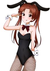 Rule 34 | 1girl, absurdres, animal ears, bad id, bad pixiv id, bare shoulders, black leotard, blush, bow, bowtie, breasts, brown eyes, brown hair, cleavage, collarbone, covered navel, fake animal ears, female focus, fishnet pantyhose, fishnets, girls und panzer, hair bow, hair ornament, highres, kadotani anzu, leotard, long hair, looking at viewer, motti (motthi0711), pantyhose, playboy bunny, rabbit ears, red bow, red bowtie, shiny skin, simple background, small breasts, smile, solo, tongue, tongue out, twintails, white background