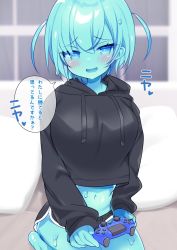 Rule 34 | 1girl, aged down, black hoodie, blue eyes, blush, breasts, crop top, crop top overhang, cropped hoodie, fang, highres, hood, hoodie, midriff, monster girl, msp sammy, navel, on bed, open mouth, original, playing games, playstation controller, short hair, short shorts, shorts, sitting, skin fang, sleeves past wrists, slime girl, smile, solo, translation request