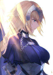 Rule 34 | 1girl, armor, backlighting, blonde hair, blue eyes, braid, breastplate, breasts, capelet, closed mouth, fate/apocrypha, fate (series), flag, fringe trim, from side, headpiece, jeanne d&#039;arc (fate), jeanne d&#039;arc (ruler) (fate), kachiino, large breasts, light particles, profile, shade, simple background, single braid, solo, turtleneck, upper body, white background