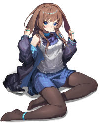 Rule 34 | 1girl, absurdres, amiya (arknights), animal ears, anklet, arknights, ascot, bare shoulders, black ascot, black pantyhose, blue eyes, blue skirt, blush, breasts, brown hair, chinese commentary, closed mouth, commentary request, ears down, full body, highres, jewelry, long hair, long sleeves, looking at viewer, low ponytail, medium breasts, miniskirt, mo ying yu, multiple rings, no shoes, off shoulder, pantyhose, plaid, plaid skirt, pleated skirt, rabbit ears, ring, shirt, sidelocks, single bare shoulder, sitting, skirt, sleeveless, solo, white shirt, yokozuwari