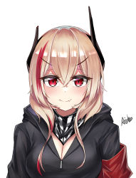 Rule 34 | 1girl, airbo, artist name, black scarf, black shirt, blonde hair, blush, breasts, cleavage, closed mouth, fang, fang out, girls&#039; frontline, headphones, highres, long hair, looking at viewer, m4 sopmod ii (girls&#039; frontline), medium breasts, multicolored hair, red eyes, scarf, shirt, smile, solo, upper body, white background