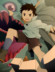 Rule 34 | &gt;:d, 00s, 1boy, :d, ankle boots, artist name, black socks, blurry, boots, brown eyes, brown footwear, brown hair, brown shorts, creature, depth of field, drawstring, flcl, foreshortening, kneehighs, long sleeves, looking at viewer, male focus, nandaba naota, noeyebrow (mauve), open mouth, outstretched arms, pocket, round teeth, sharp teeth, short hair, shorts, smile, socks, sweater, teeth, v-shaped eyebrows, white sweater